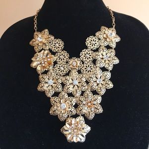 Gold and Crystal Flower Statement Necklace